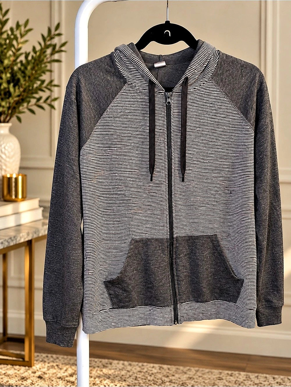 St. John's Bay Petite Striped Zip Hoodie in Gray PL